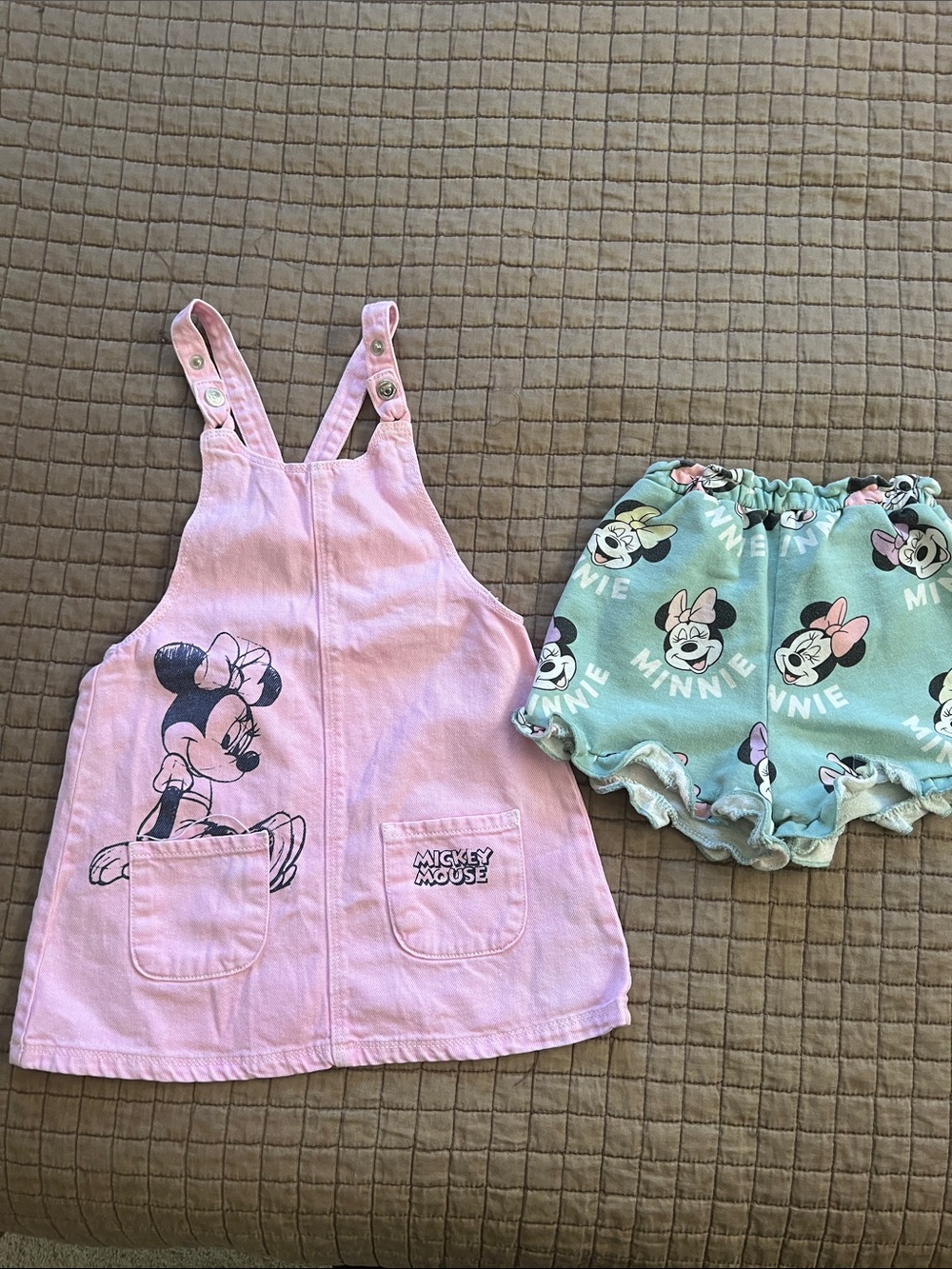 ZARA Minnie Mouse Pink Overall Dress with Mint Minnie Shorts - Kids Bottoms